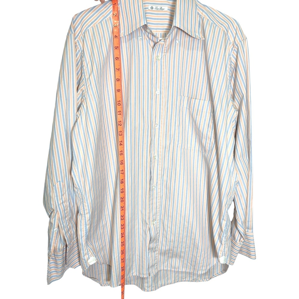 Loro Piana 16 41 Orange Blue Striped Button Down Shirt Cotton Italian Luxury - Picture 4 of 11